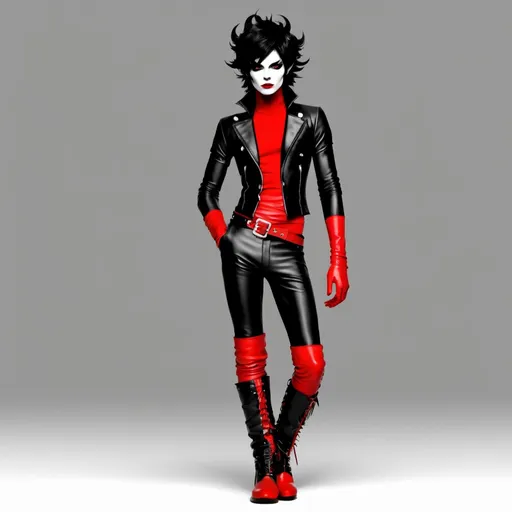 Prompt: Homestuck. Kankri Vantas. Grey skin,Fullbody view, plain background. Drag makeup, high quality render. Rupaul's drag race. Male. Fabulous red and black outfit, boots