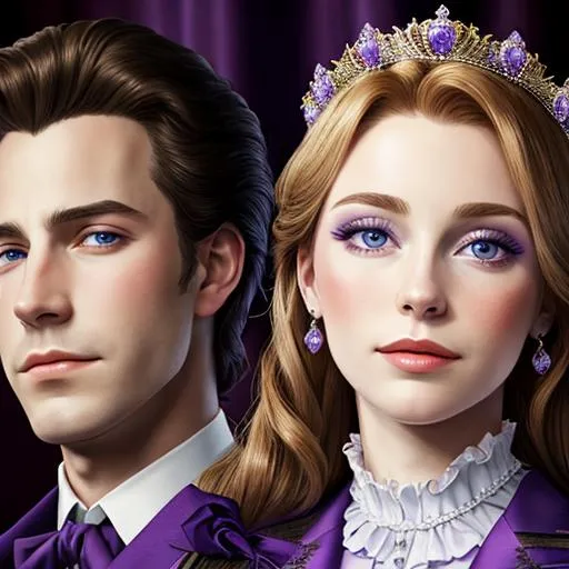 Prompt: European prince and princess wearing purple, facial closeup