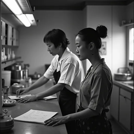 Prompt: a man and woman standing at a counter in a kitchen, one of them is leaning on the counter, Eizan Kikukawa, mingei, film still, a B/W photo