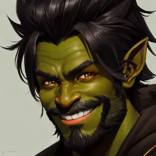Prompt: a top down portrait of a handsome middle aged goblin, long black hair. dark brown and green skin tone, exaggerated grin showing human teeth, wide face, slight and wiry, digital art, popular on Artstation
