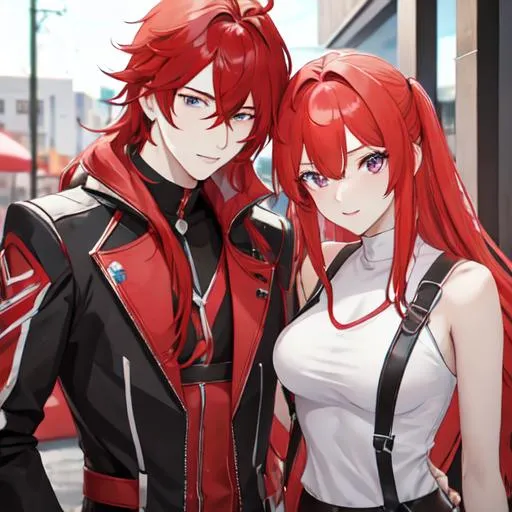 Prompt: Zerif 1male (Red side-swept hair covering his right eye) and Haley on a date 8K, UHD, best quality, highly detailed, insane detail, anime style