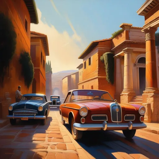 Prompt: Ancient Rome, car chase, cartoony, warm atmosphere, extremely detailed painting by Greg Rutkowski and by Henry Justice Ford and by Steve Henderson