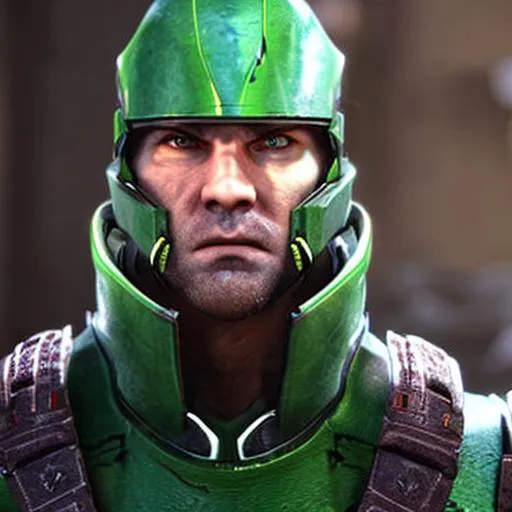 Prompt: A space soldier commander stands towards you with a serious look in his eyes. He is in his late 20's. He has green armor on.