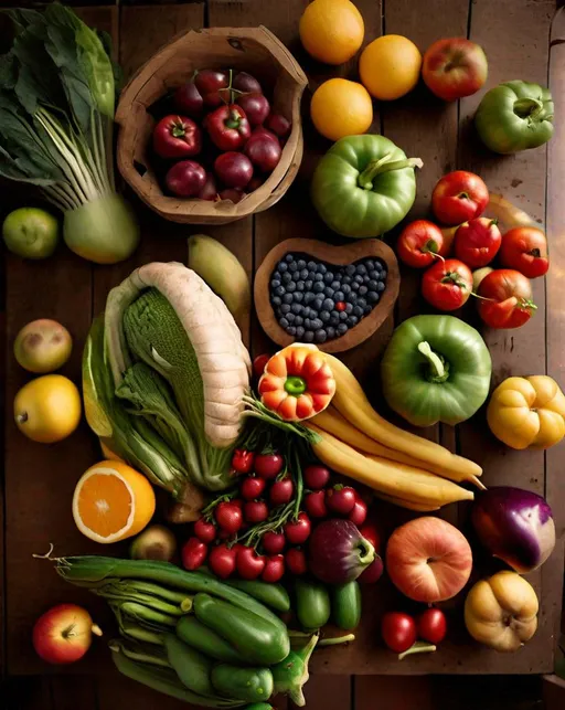 Prompt: Overhead view of a bountiful farmers market display of colorful fruits and vegetables on a reclaimed wood table. Natural soft light illuminates the organic produce. Shot on medium format camera. Fresh, ethical, seasonal.