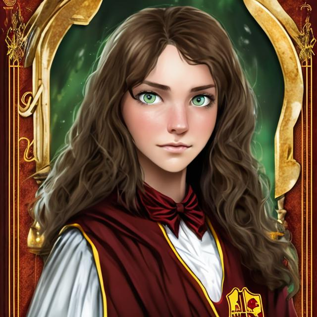 brown-haired, green-eyed woman as a Gryffindor stude... | OpenArt