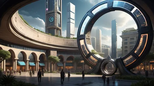 Prompt: magical portal between cities realms worlds kingdoms, circular portal, ring standing on edge, upright ring, freestanding ring, hieroglyphs on ring, complete ring, ancient roman architecture, gardens, hotels, office buildings, shopping malls, large wide-open city plaza, turned sideways view, futuristic cyberpunk tech-noir setting