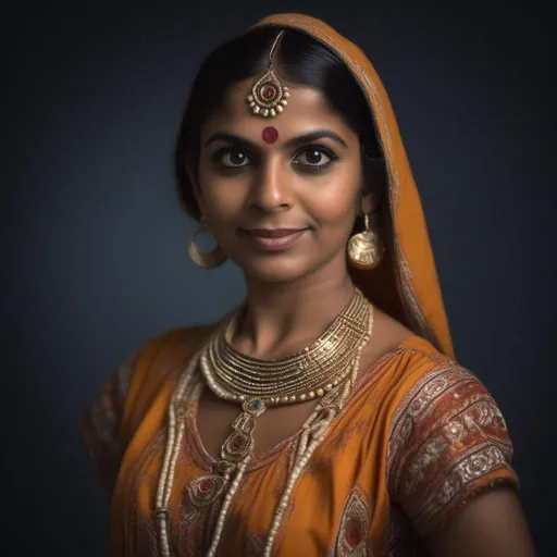 Prompt: photo realistic portrait of 1970s Bollywood dancer Prema Narayan, in native fisherwoman dress, facing camera, symmetrical face, ideal human, 85mm lens,f8, photography, ultra details, natural light, dark background, photo, Studio lighting