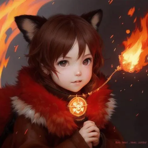 Prompt: Cute, red, fluffy, fire puppy, possessing the element of fire and making circles of fire
 move around in the air in a magical way. Perfect features, extremely detailed, realistic. Krenz Cushart + loish +gaston bussiere +craig mullins, j. c. leyendecker +Artgerm.