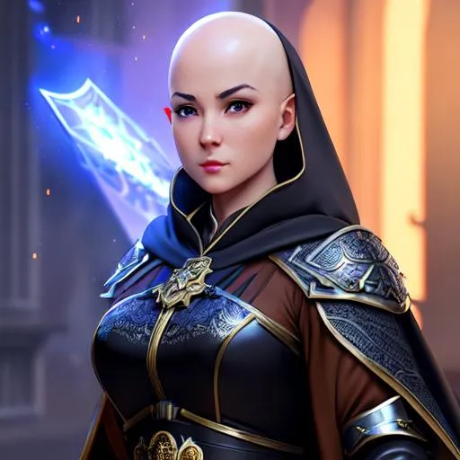 Prompt:  female monk+robed and armored+ bald+Full HD render + immense detail + dramatic lighting + well lit + black, character sheet, + fine esoteric symbolism | ultra - detailed realism, soft cinematic lighting, high - quality, engraved | highly detailed |digital painting, artstation, concept art, smooth, sharp focus, Nostalgic, ethereal, nebula, 8k, hyper detailed, intricate detail, photorealistic, space void galaxy universe
