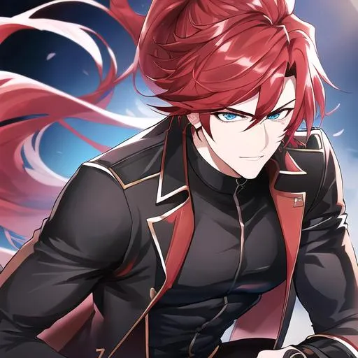 Prompt: Zerif 1male (Red side-swept hair falling between the eyes, sharp and sassy blue eyes), highly detailed face, 8K, Insane detail, best quality, UHD, handsome, flirty, muscular, Highly detailed, insane detail, high quality. wearing a tight black shirt and tight black pants, black sunglasses resting on his head