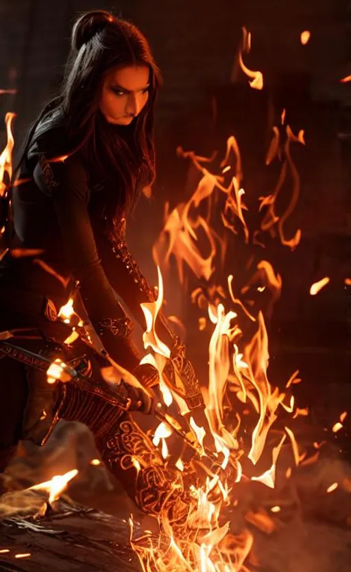 Prompt: Very detailed screenshot of this character controlling fire magic with her hands, 3D, high res, beautiful girl, action, full body, bright orange colored eyes