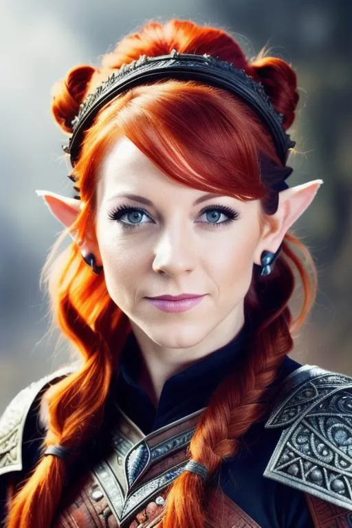 Prompt: a closeup portrait Lindsey Stirling, age 35, red hair pulled back, blue eyes, elvish ears, skyrim fire mage armor, intricate detail, high quality, flaming lightning background, intricate detail, high quality, high detail, masterpiece, intricate facial detail, high quality, detailed face, intricate quality, intricate eye detail, highly detailed, high resolution scan, intricate detailed, highly detailed face, Very detailed, high resolution