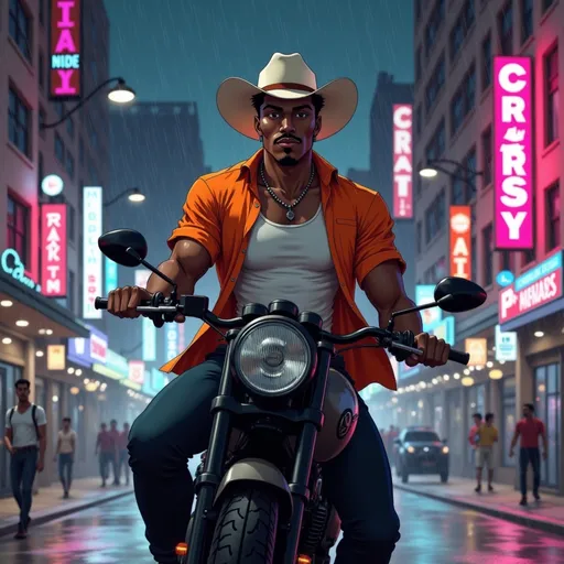Prompt: @TRzJfEbYXKjmZAhFV8fB  rides a matte black motorcycle through a cyberpunk city at night. The streets glow in pink, teal, and electric blue. His posture is calm but commanding. Rain mist rises off the street behind him. Mood: unstoppable motion through modern chaos.