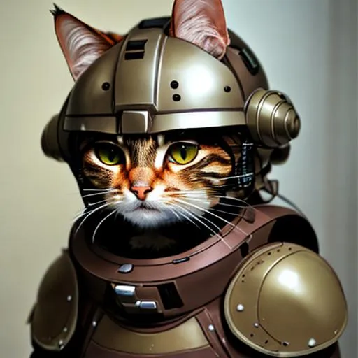a brown tabby cat wearing a scifi armored helmet OpenArt