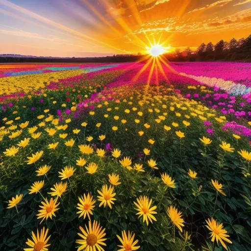 Prompt: Sun rays shining down over a field of multicolored flowers around a Lake, Vivid Colors, hyperdetailed, photorealistic, Beautiful Details, intricate Details, Colorful, Film Quality, 3D, 64K resolution, Dynamic Lighting, Sun Spot, Detailed Flower Peddles.