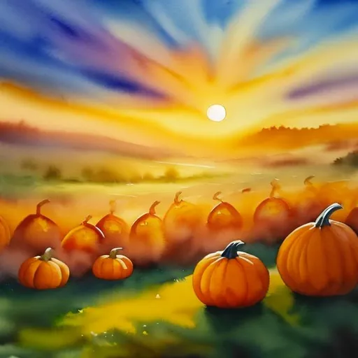 Prompt: (masterpiece, best quality:1.2), A watercolor painting/oil painting. A spooky pumpkin in a pumpkin patch during a golden sunrise over a green field on a misty morning. (sharp detailed) (cinematic shot)