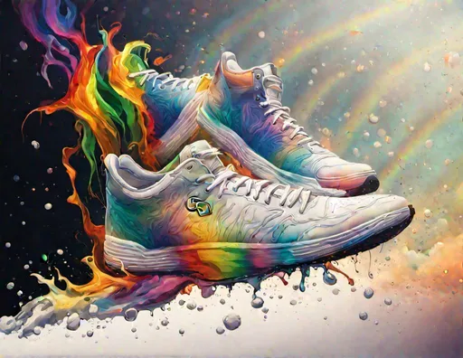 Prompt: White male sneaker, white sox, rainbow, Hyperrealistic, splash art, concept art, mid shot, intricately detailed, color depth, dramatic, side light, colorful background