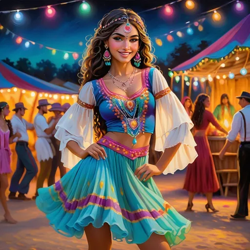 Prompt: Young teen gypsy dancer at night, colorful, gypsy wagons, a gathering around a bonfire, dancing, oil painting, vibrant colors, detailed facial features, warm and inviting lighting, lively atmosphere, high quality, oil painting, colorful, gypsy vibe, detailed facial features, vibrant, warm lighting