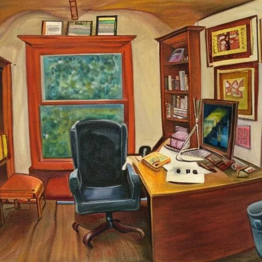 Prompt: A painting of a writer's office 