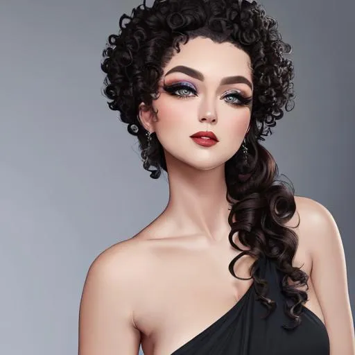 Prompt: An attractive 35 year old woman with very curly hair, elegant, large eyes, modern, stylish makeup