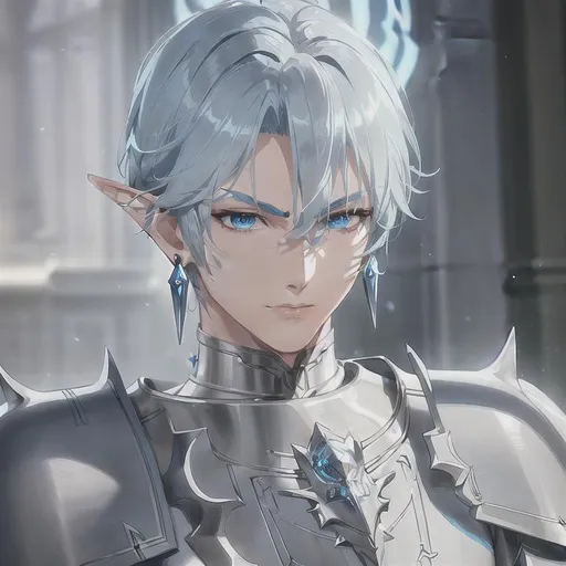 Prompt: male sea elf , light blue medium hair, very handsome thin face, medium  hair, dnd, blue eyes , straight eyebrows, chainmail armor, small pauldrons, earrings, holy emblem, 
perfect composition, photo realistic, super detailed, high quality, sharp focus, studio photo, intricate details, highly detailed