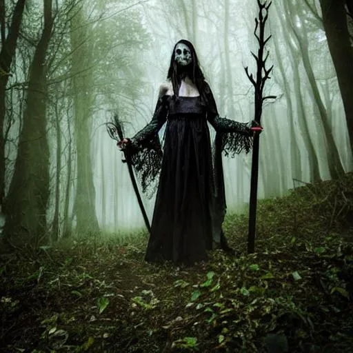 Prompt: Dark Evil witch goddess holding a magic staff, dark forest, horror, new moon, fog, Halloween, photo realistic 