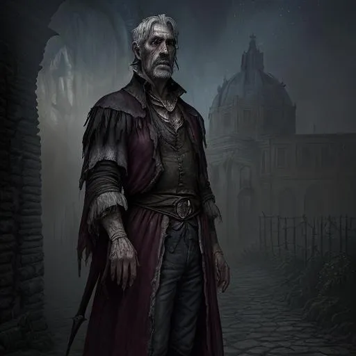Prompt: highest quality concept art masterpiece, dark fantasy, Ravenloft, digital drawing, photo-realistic, Italian, Roma, short hair,  colorful ragged and worn clothes, older male baron, unemployed, poor and does not show it, dark, night, mists, rotten mansion, 
