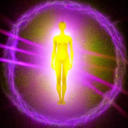 Prompt: Create a representation of the human light body, also known as the aura or energy field, using photorealistic and abstract elements. The image should convey the concept of the light body as a subtle energy field that surrounds and interpenetrates the physical body, and should depict the various colors and patterns that are believed to correspond to different aspects of a person's emotional, mental, and spiritual states. The image should be visually captivating and thought-provoking, and should strive to communicate the idea of the light body as a dynamic and constantly evolving aspect of human consciousness. The use of vibrant colors, intricate patterns, and flowing forms is encouraged, as well as the incorporation of any relevant symbols or imagery from different cultural or spiritual traditions.