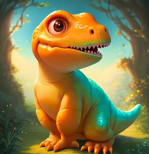 Prompt: Create an image of  a cute orange  baby dinosaur with rosy cheeks, big bubbly eyes , long lashes, for a kids book that's sitting make it detailed cute trending on artstation and an award winning poster art painting 8k high resolution dreamy heavenly setting fantasy magical digital art opt art 