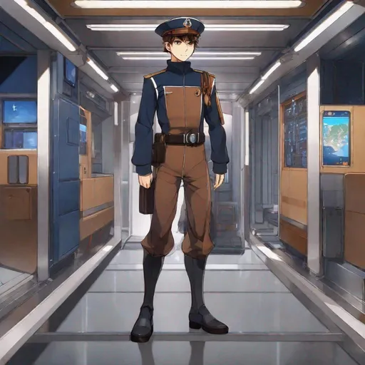 Prompt: A whole figure. Full body. Whole figure. A young male sailor in scifi uniform. Dark blue and brown uniform. Basque cap. He is stands on guard. Spanish skin tone. Studio Mir art. Anime art. Hideoki Ano art. Evengelion art. 2d art. 2d. In background a scifi station deck. 