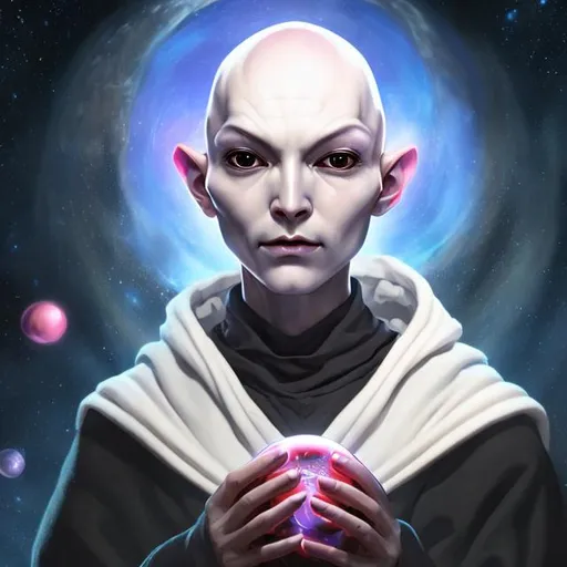 Prompt: androgynous, benevolent, innocent, ALIEN femme, medium skin, bald, soft expression, full lips, black eyes, holding an orb, wearing cloak, surrounded by outer space