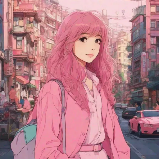 Prompt: woman in the city wearing pink, anime, ghibli