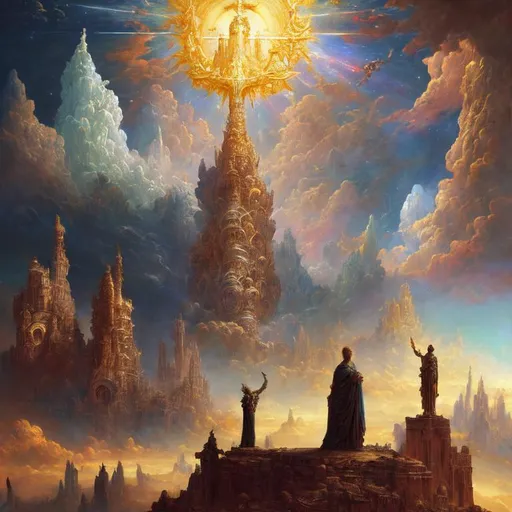 Prompt: Gods descent on earth from the sky, celestial procession, scared locals, landscape, vibrant colours, majestic, beautiful, Maximalist oil on canvas painting, in the style of Paul Gustave Dore, 3D trending on Artstation CryEngine,