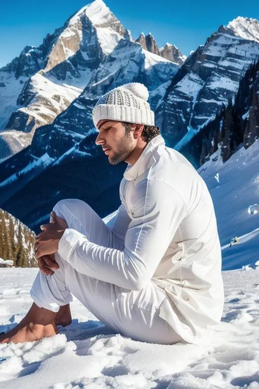 Prompt: a scene of blissful, snow, "kailash mountain", hyperreal, lost in god, yogi, "musculine kashmir boy", side angle, white kameez, closed eyes, meditation, detailed, hyperreal, sitting, arena, perfect composition, hyperrealistic, super detailed, 8k, high quality, trending art, trending on artstation, sharp focus, studio photo, intricate details, highly detailed, by greg rutkowski
