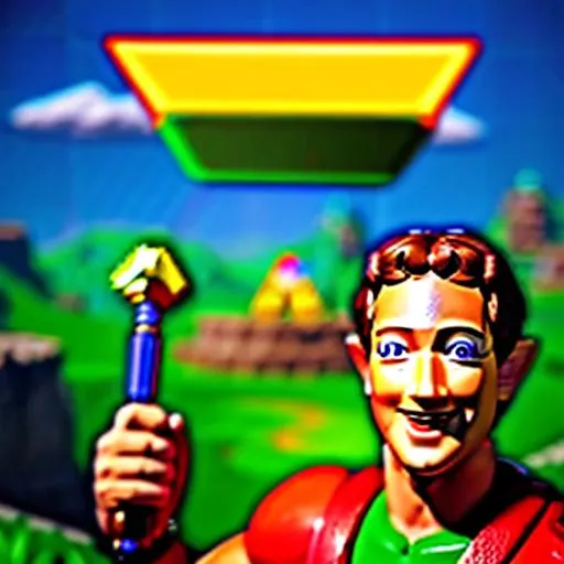 Prompt: Zuckerberg retro Video game Box art photo realistic portrait of recognizable ((Mark Zuckerberg)) cosplaying as TloZ Link holding a master sword and wearing a green link outfit from The Legend of Zelda: Orcarina of Time (1998) for Nintendo 64