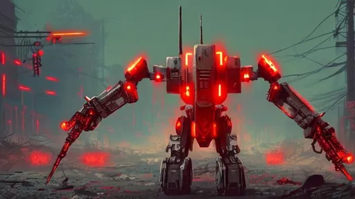 Prompt: war robots, neon red color, apocalyptic age.