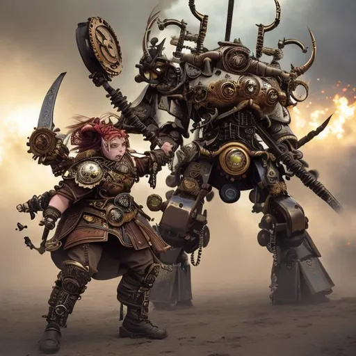 Prompt: A steam punk viking fighting a mech samurai 
