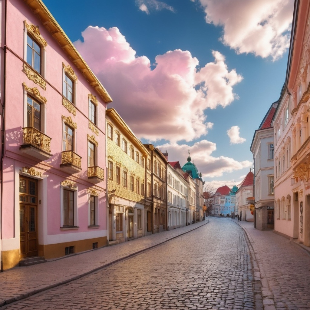 Heaven Old city streetscape made of gold with a cobblestone road purely made of gold Buildings pur