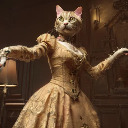 Prompt: anthropromorphic Cat, wearing ornate Victorian gown, lace and satin, gilded, intricate, flowing, neon, led, fractals, hyper-detailed, 64K, UHD, HDR, unreal engine, vivid colors