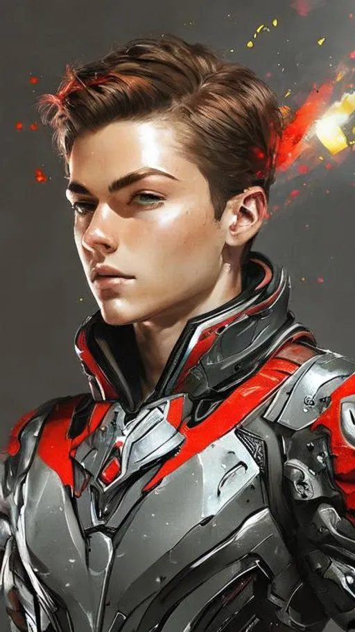 Prompt: lean Caucasian male with short brown hair and a scarred face, wearing silver biomechanical warframe armor. She is surrounded by glowing red mist. Behance HD, airbrush art