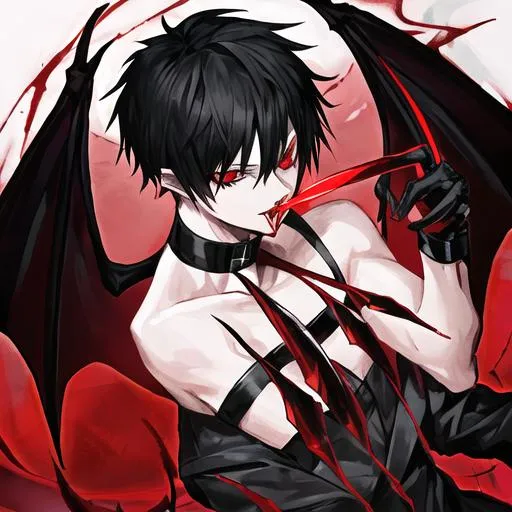 Prompt: Damien  (male, short black hair, red eyes) holding a knife up to his mouth, demon form
