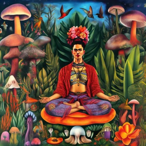 Prompt: A whimsical picture Frida kahlo as a beautiful goddess, doing yoga, in the middle of a mushroom forest brightly illuminated with rich colors and flowers and hummingbirds, 64k