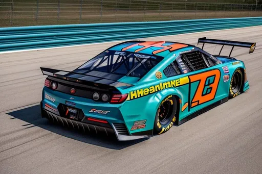 Prompt: Next Gen Nascar stock car, spoiler on trunk, blue and orange color scheme