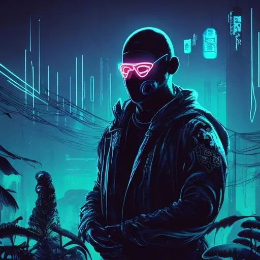 Prompt: New profile picture. A bald man with a ginger beard. 30yrs old. English/New Zealand. Ferns and mushrooms in background. Figure is Masked. Dark and edgy with neon accents. Cyberpunk style. 