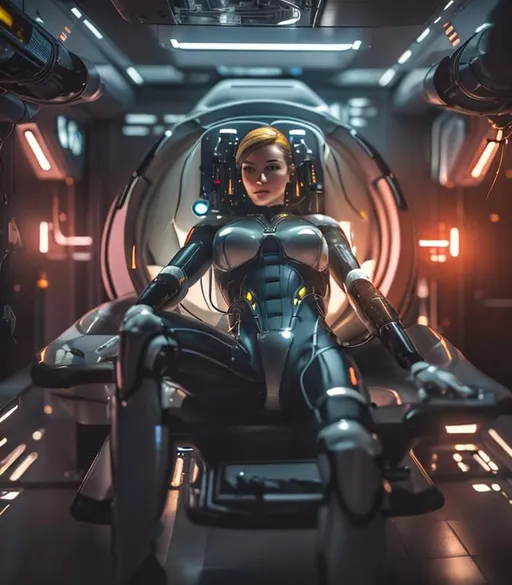 Prompt: ((best quality)), ((masterpiece)), ((realistic)), (detailed) illustration photographic , a spaceship pilot in a latex suit with robotic limbs, laying down in a pod, in a cyberpunk setting, cyborg, implants, high details, realistic, photorealism, 8k, perfect composition, hd octane render ,high resolution scan, masterpiece, hyperrealism, delicate detailed complex, highly detailed, intricate detailed, volumetric lighting, light reflection, highly detailed concept art, trending on artstation, vivid colors,
(((close up face shoot))), dim lights, 8k uhd, realistic, Nikon z9, raytracing, focus face, (sharpness:2. 0)