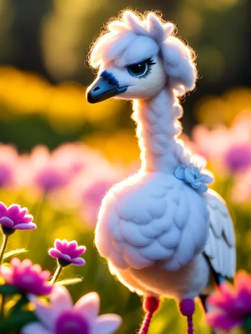 Prompt: Disney Pixar style needle felted cute emu, highly detailed, fluffy, intricate, big eyes, adorable, beautiful, soft dramatic lighting, light shafts, radiant, ultra high quality octane render, daytime forest background, field of flowers, bokeh, hypermaximalist