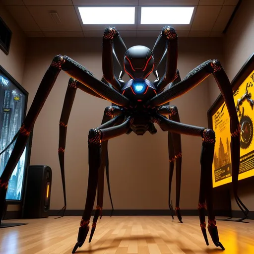 Prompt: 50mm lens, cinematic movie, shot, full body visible, centered, award winning CGI, perfect angle, 

{(robotic spider:1.4), eight legs}, (detailed cyberpunk room interior background:0.7), 

(Detailed, ultra detailed:0.7, finest detail), vivid color, contrast, photorealistic, epic movie poster,

(Epic proportion, epic composition, epic sci-fi, symmetric, epic fantasy),

3D renders, RTX, octane render, photorealistic, hyper realistic, (bloom:0.2), volumetric lighting, neon reflection, reflection, ray tracing, global illumination, depth of field, soft shadow, neon glow, trending on artstation,

HD, UHD, 64K, 128K, professional work, masterpiece, Greg Rutowski,