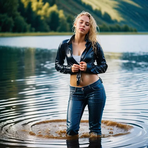 Prompt: photo of young woman, in soaking wet clothes, wet curvy blond in jeans,  , standing in a lake,   enjoying, wet clothes stuck to body,  detailed textures of the wet clothes, wet face, wet plastered hair,  wet, drenched, professional, high-quality details, full body view 