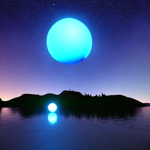 Prompt: retrofuturistic, long shot, glowing orb, picturesque lake, interesting landscape, night sky, stars in view, 3d blender render, highly detailed, liminal space, 64k