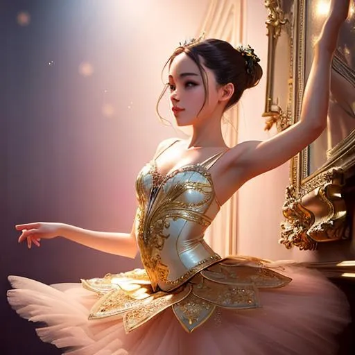 Prompt: Gorgeous ballerina girl dancing, concept art, mid shot, intricately detailed, color depth, cinematic, oil painting, intricate detailed
